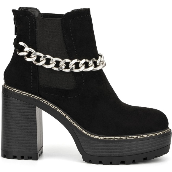 Olivia Miller Shoes - Olivia Miller Faux Suede Silver Chain Chunky Heel Chelsea Ankle Boots zip back
